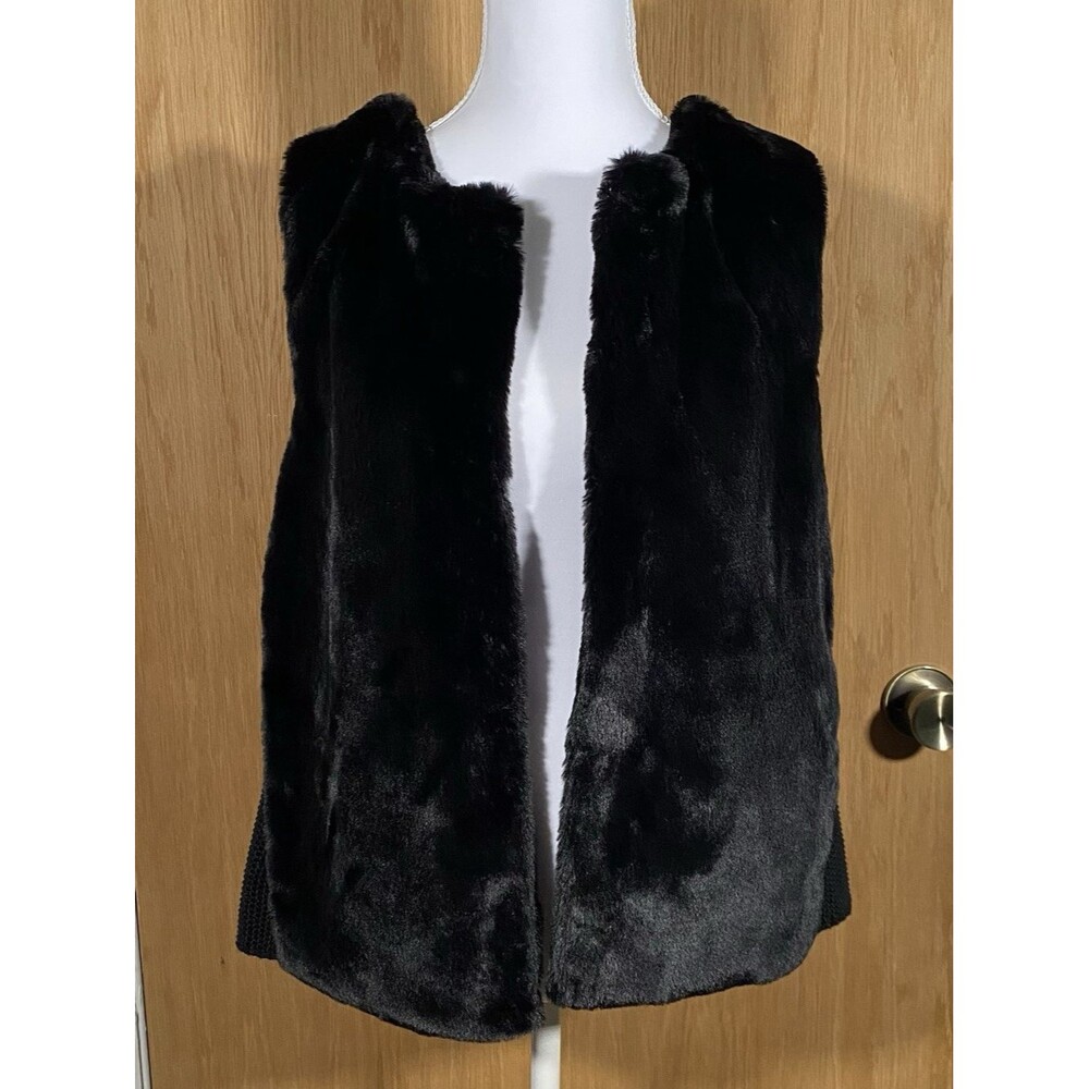 Women's M Black Faux Fur Vest Waffle Knit Pockets WhimsiGoth Festival Grunge NWT